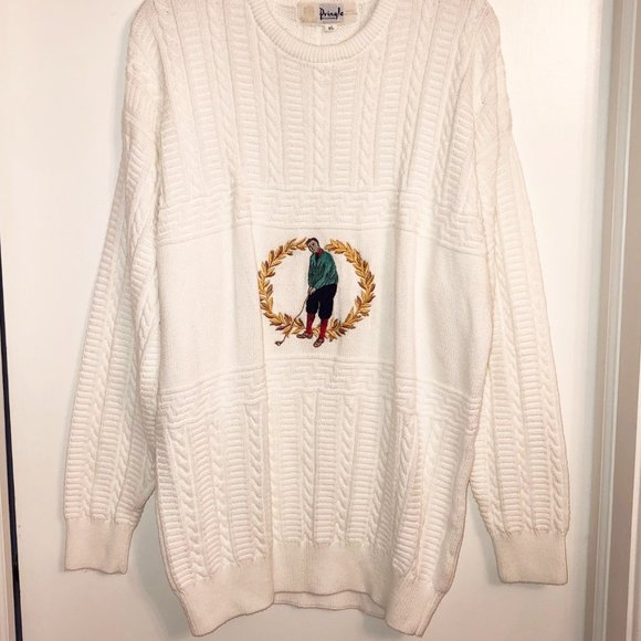 Vintage White Cotton HUGE Grampa Sweater XL Pringle Scotland Golf Embroidered - Picture 1 of 8